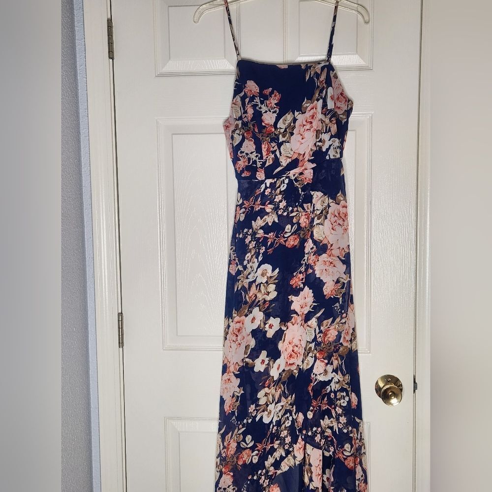 Lulus M Floral Print Navy Blue Pink Zip Lined Spagetti Straps Women's Maxi Dress